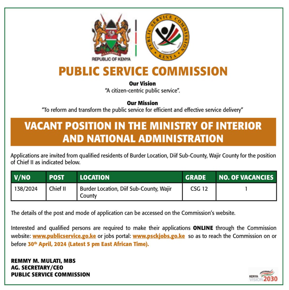 !!!!JOB ALERT!!!! Vacant Position in the Ministry of Interior and National Administration. Application Deadline: 30th April, 2024.