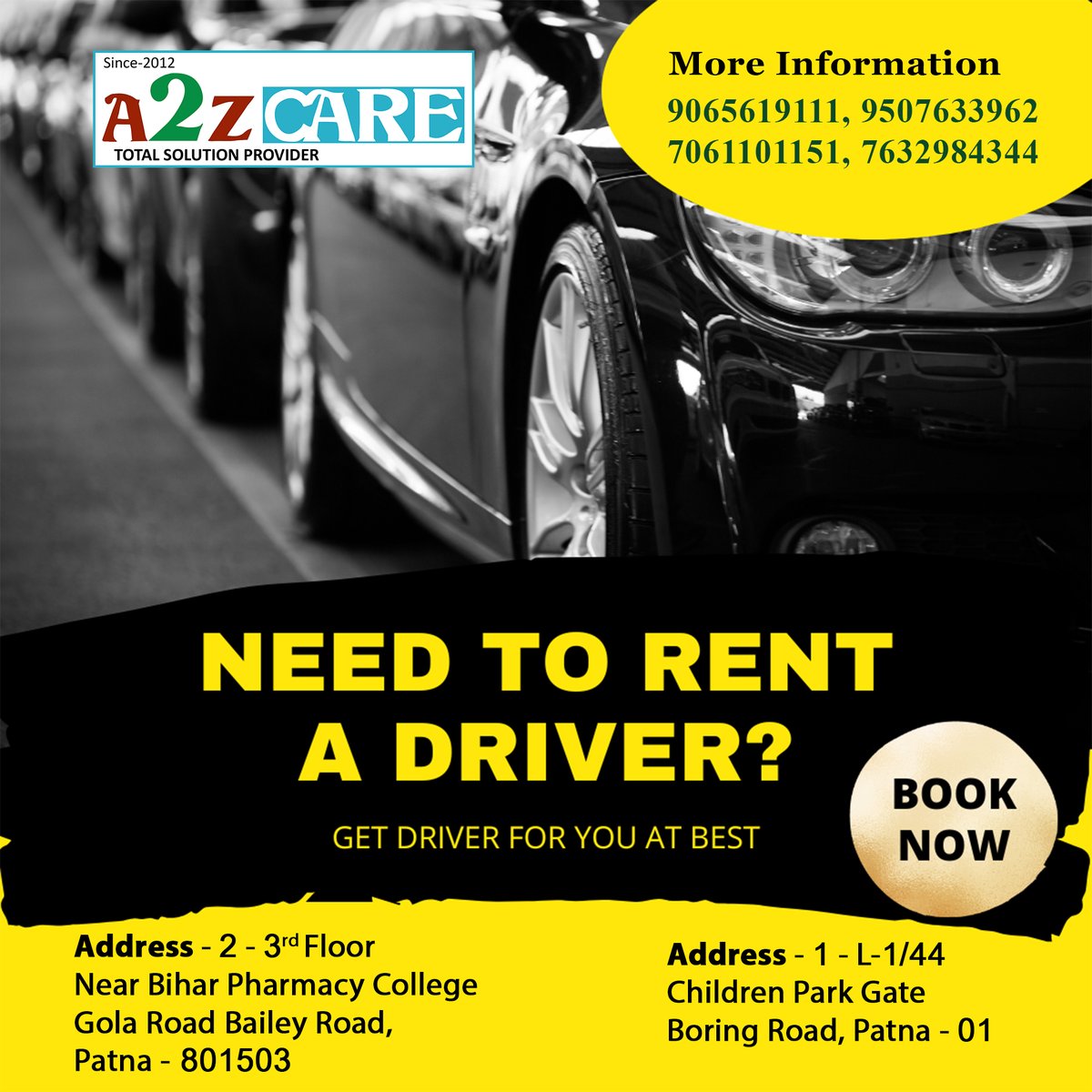 careatoz8's tweet image. a2zcare.in
Smooth Rides Await with A2Z Care Driving Service Provider in Bihar! Sit back, relax, and enjoy the journey with A2Z Care Driver Service Provider! 
 Call us at 9065619111, 9507633962, 7061101151, 7632984344 for bookings! 
#A2ZCare #DrivingService