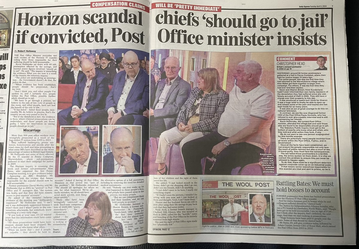 #PostOfficeScandal In todays @Daily_Express by Robert Kellaway looking at the catch up of Postmasters back at the village hall in Fenny Compton where lead campaigner Alan Bates originally held the first meeting back in 2009. I wrote a comment piece for the Express talking about…