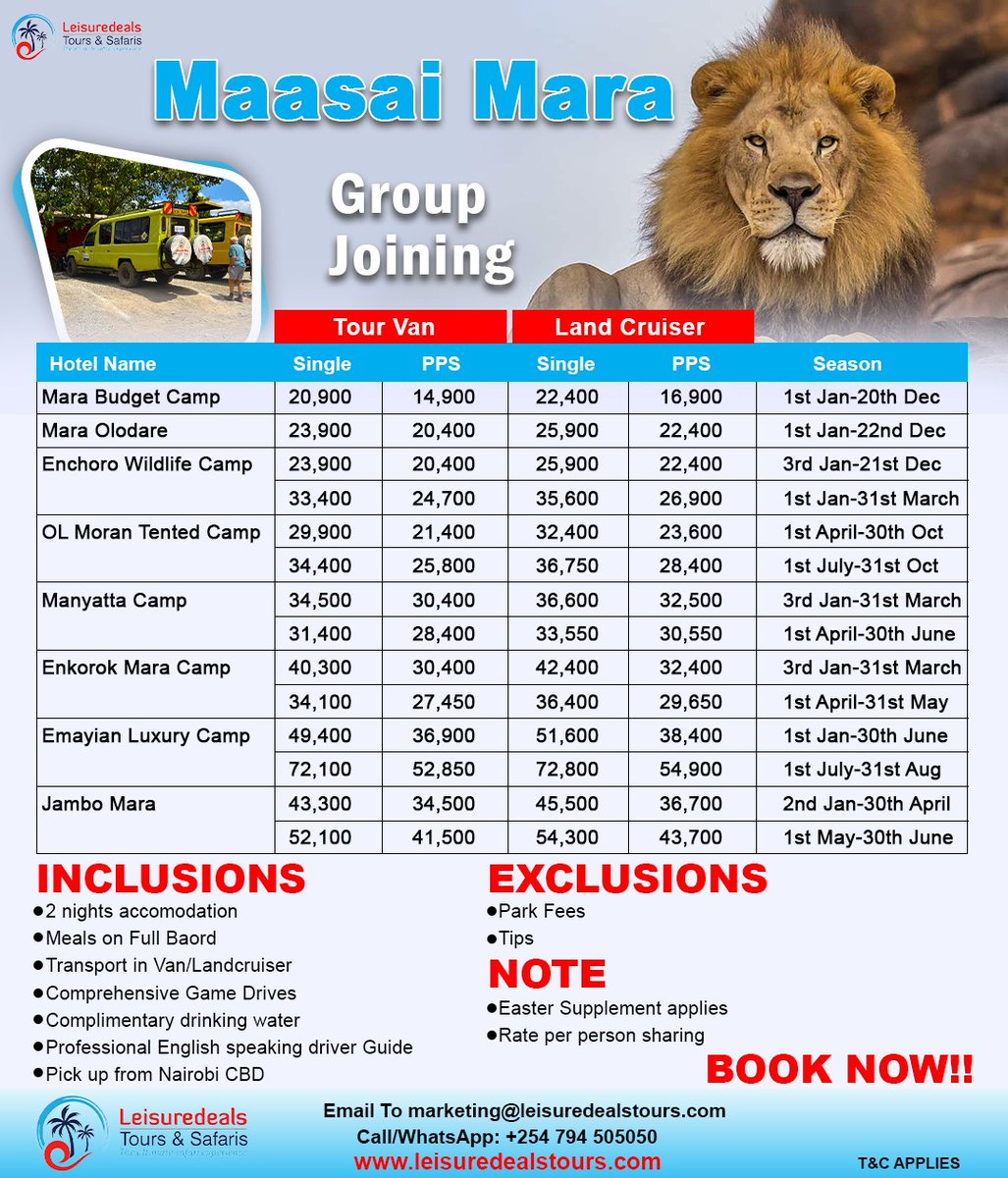 Book the Best Holiday Packages, adventurous & pocket friendly. For 3 days and 2 nights using a Landcruiser/Tour Van. 

#Leisuredealstours #lipapolepole #masaimara2024rates #bushholidaypackages #safarivacation #wildlifeadventure
