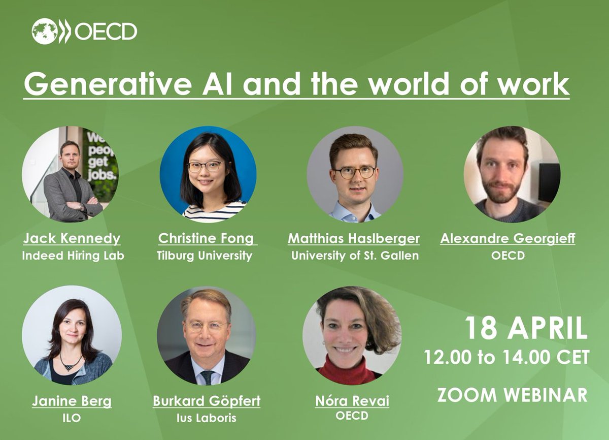 On Thursday 18 April, from 12.00 to 14.00 CET, we will be holding a webinar to discuss the impact of generative AI on the world of work. If interested, you can register here: meetoecd1.zoom.us/webinar/regist…