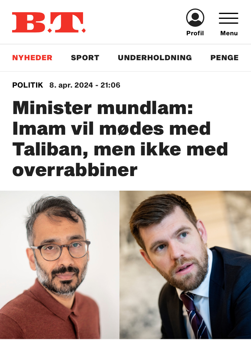 Vil man virkelig hellere mødes med Taliban end med jøder? Sådan udbrød kirkeminister @MortenDahlin, da jeg interviewede ham om imamen Naveed Baigs boykot af en Ramadanmiddag med overrabbiner Jair Melchior. For blot et år siden rejste @naveedqadri nemlig til Afghanistan for at