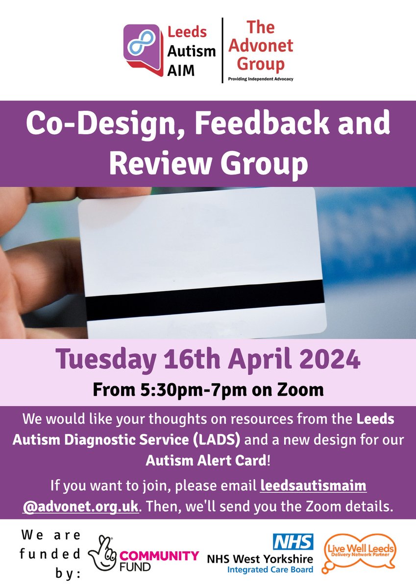 This month's #ActuallyAutistic Co-Design group will look at new resources from the #Leeds Autism Diagnostic Service and an updated design for our #Autism Alert Card! Find out more about how to get involved here: leedsautismaim.org.uk/2024/04/08/co-… #AutismAcceptanceMonth
