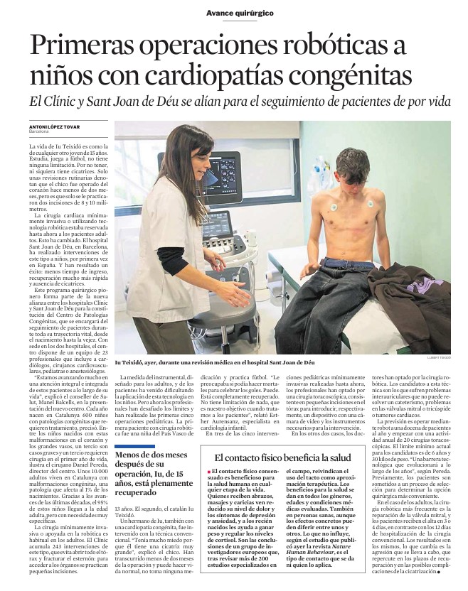 📰 El hospital @SJDbarcelona_es realiza las primeras operaciones del estado haciendo uso de la #robótica para intervenir a niños con #cardiopatías congénitas. Además, con el @hospitalclinic han creado un centro para hacer el seguimiento de los pacientes. En @LaVanguardia 👇