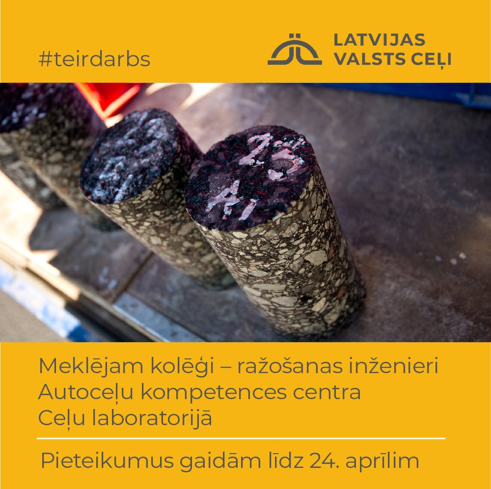🟨 Meklējam kolēģi – ražošanas inženieri Autoceļu kompetences centra Ceļu laboratorijā. ℹ️ Pienākumi saistīti ar ceļu būvmateriālu paraugiem ražotnēs un būvobjektos. Mūsu piedāvājums un prasības pretendentiem👉bit.ly/3VLMHqx
Pieteikumus gaidām līdz 24.aprīlim! #teirdarbs
