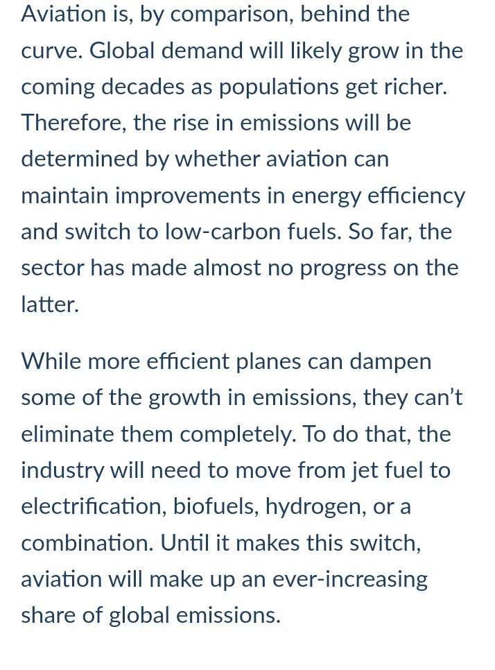 Article by @OurWorldInData. Planes have got more efficient, but demand keeps on going up, so emissions are going up. The article seems to have given up on government policies to reduce demand. More of a wait and hope for a technofix solution. ourworldindata.org/global-aviatio…