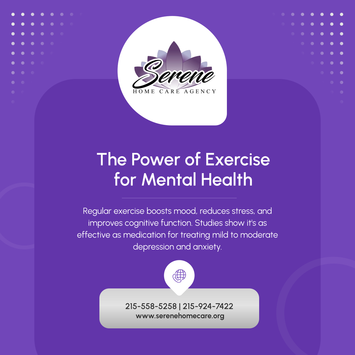 Discover the mental health benefits of exercise! Incorporate physical activity into your routine to boost mood and reduce stress. 

#Homecare #Seniors #HelpAtHome #Quality #InHomeCare #Philadelphia #RegularExercise