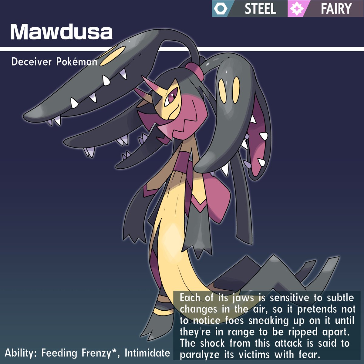 jsketch12's tweet image. So I was thinking that if Mega Evolutions were gonna be absent from the mainline games' competitive meta, it'd be nice for some of the mons that lowkey kinda suck in their regular forms to get regular evolutions.

This Mawile evolution is based on the gorgon and the drakaina!