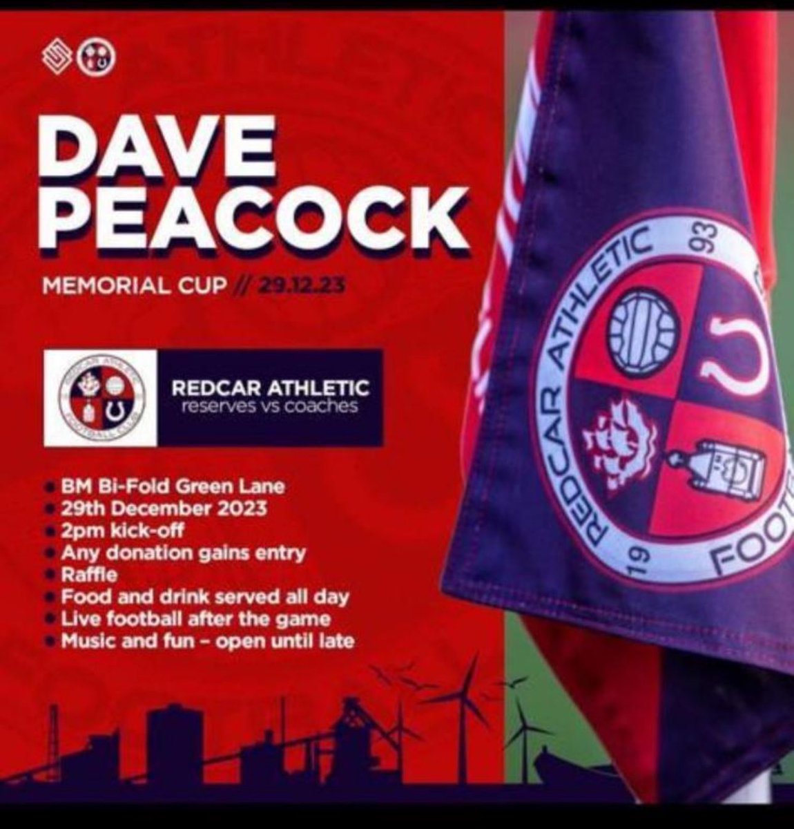 simpkin_steve's tweet photo. Following the Christmas cancellation due to weather there is now a new date for the Dave Peacock Memorial Cup held @redcarathleticf 

Sunday 5 May 2024
14:00 Kick Off

Please follow myself and the @redcarathleticf official social media outlets for more details. https://t.co/zarsozi7C4