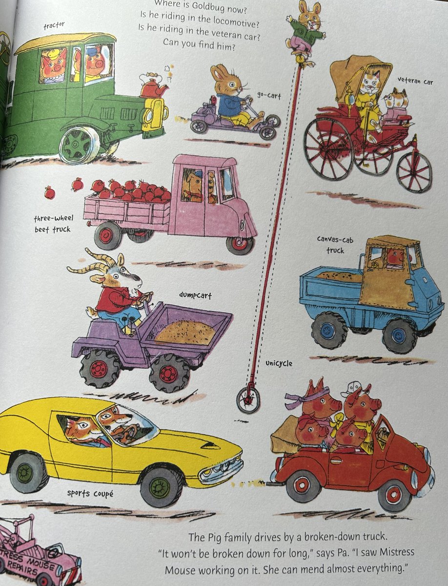 #NewIllustrationoftheDay. One more nostalgia trip from just published 50th anniv edition of Cars and Trucks and Things That Go. Loving detail with a fine pen and flat colour, displaying wit, imagination and feminism from father of Search-and-Find Richard Scarry. @HarperCollinsCh