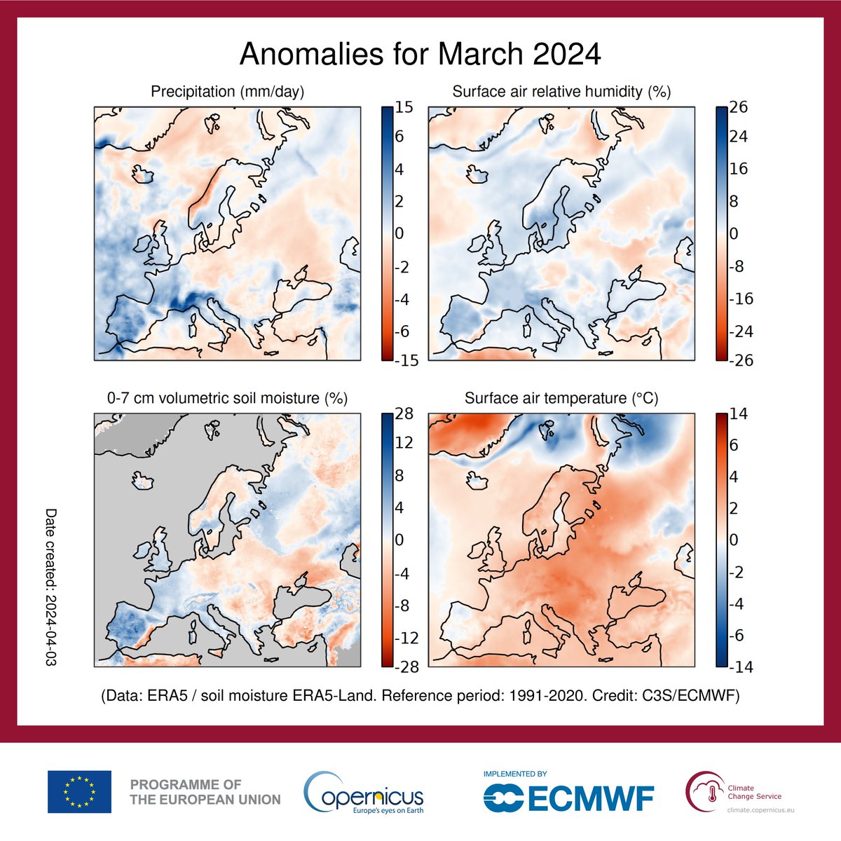 March #Hydrology highlights from the #CopernicusClimate Change Service (#C3S). Last month was: 💧wetter than average in most of western Europe, regions of Scandinavia and north-western Russia; 💧predominantly drier than average in the rest of Europe. ▶️climate.copernicus.eu/precipitation-…