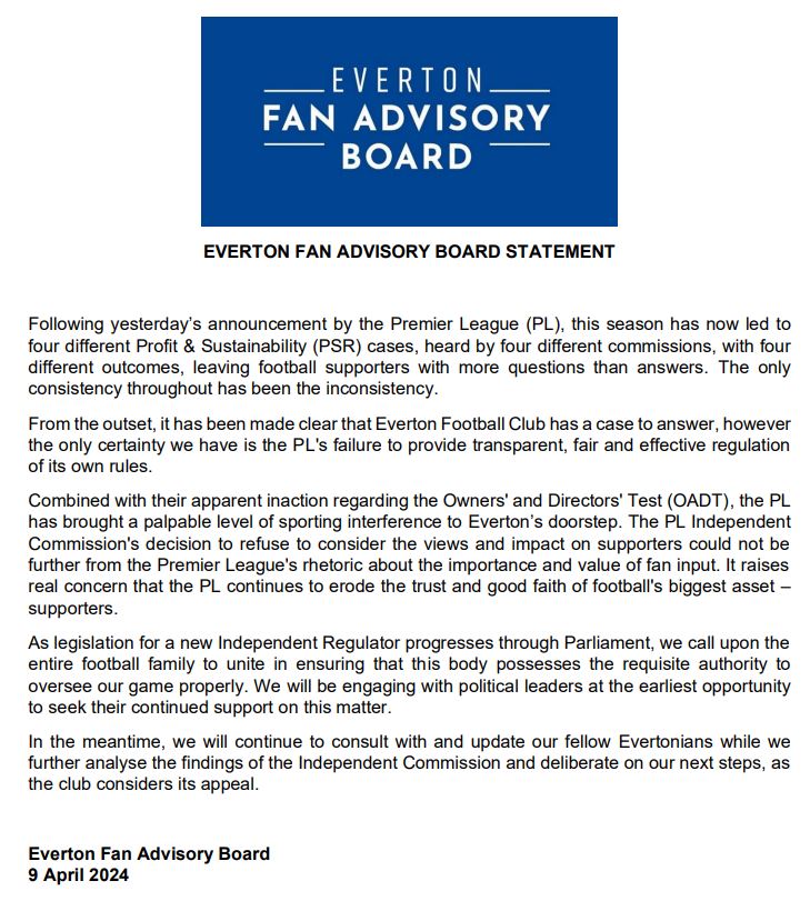 We have issued a statement following yesterday's announcement by the Premier League. The only consistency throughout has been the inconsistency. The statement is also available on our website - efc-fanadvisoryboard.com/2024/04/09/fan… Please share 🙏💙 #FootballWithoutFansIsNothing