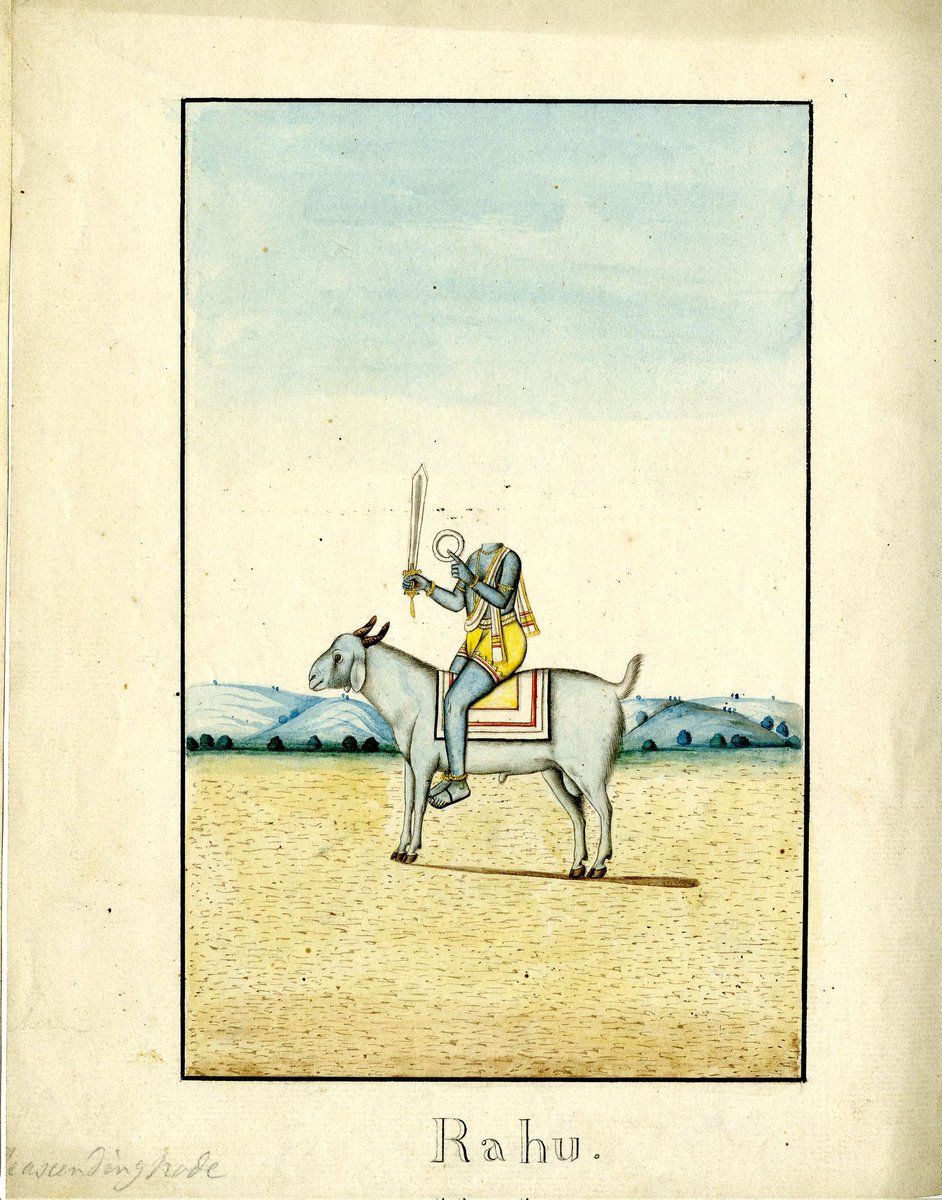 Astronomical Rahu & his shadow entity Ketu whose head was cut off by #Vishnu for drinking the Elixir of Gods caused a #SolarEclipse yesterday by devouring the Sun to replace his lost head Our apologies! c1825 CE #CompanyPainting of 'Headless Rahu' from #Patna now @britishmuseum