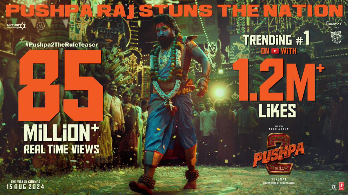 It is #PushpaRaj's WORLD & RULE, we are just living in it 💥💥 #Pushpa2TheRuleTeaser 𝗧𝗥𝗘𝗡𝗗𝗜𝗡𝗚 #𝟭 on YouTube with 𝟴𝟱𝗠+ 𝗥𝗘𝗔𝗟-𝗧𝗜𝗠𝗘 𝗩𝗜𝗘𝗪𝗦 & 𝟭.𝟮𝗠+ 𝗟𝗜𝗞𝗘𝗦🔥🔥 ▶️ youtu.be/wboGYls1Bns Grand release worldwide on 15th AUG 2024 💥💥…