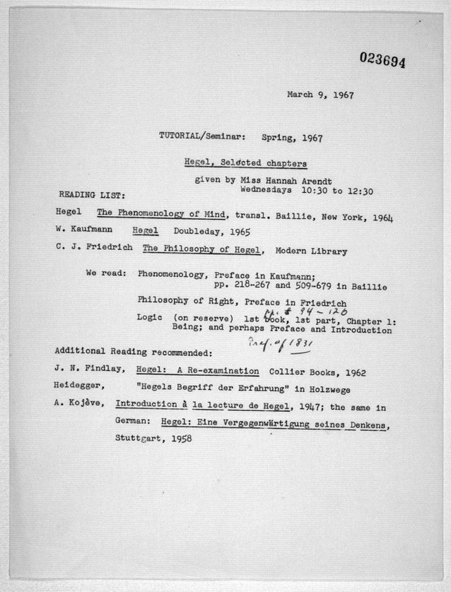 Hannah Arendt's syllabus for a seminar on Hegel, taught in 1967