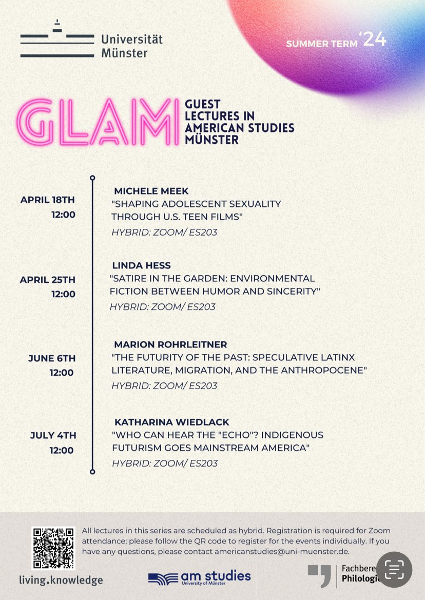 Join us for a new round of GLAM lectures! ✨ This term, we will be joined by @michelemeek, @time_flies_like, Marion Rohrleitner, and Katharina Wiedlack in Münster. As usual, our lectures are hybrid and room registration can be done here: uni-muenster.de/Anglistik/Rese…