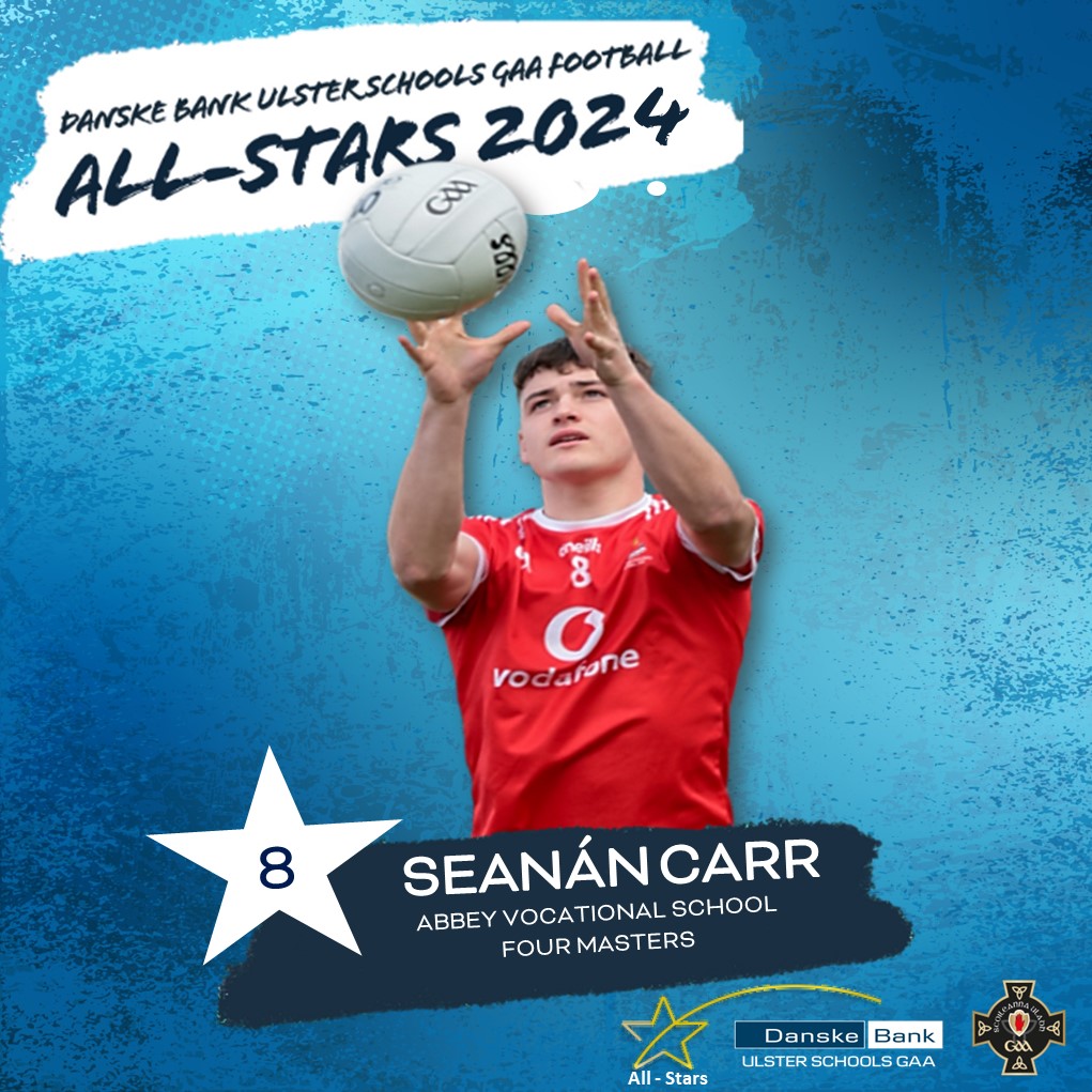 Following on from @AbbeyVS success in the @DanskeBank_UK MacLarnon cup & Paddy Drummond All Ireland, Seanán Carr is selected in Midfield. With @FourMastersCLG Seanán won a Minor Championship in 2022 & reached the Ulster final, he also featured for Donegal in the 2024 McKenna cup.