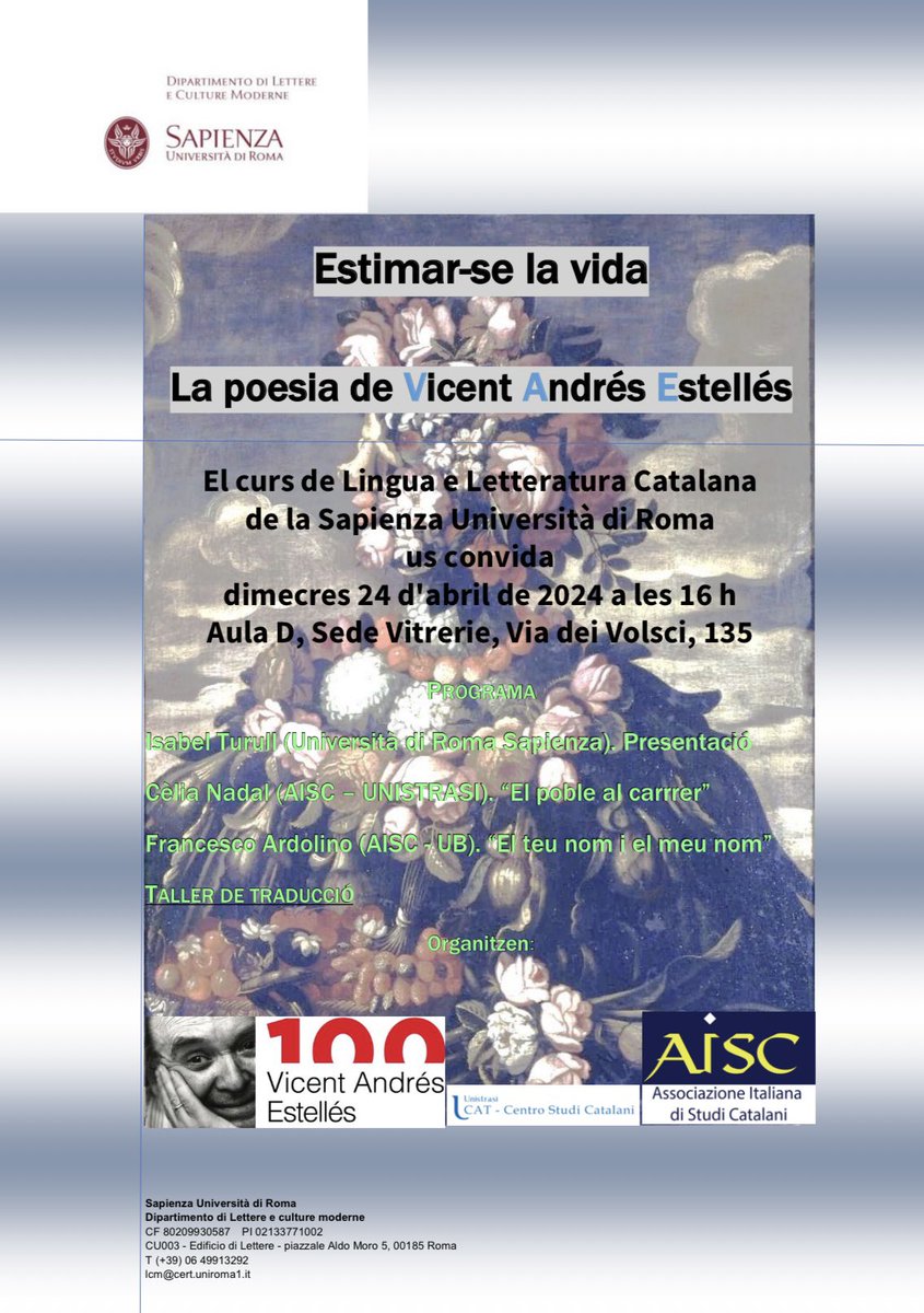 ✈️ Estellés volarà cap a la @SapienzaRoma el dia 24 d’abril!

Us deixem aquí baix el programa del curs universitari Lingua e Letteratura Catalana ‘Estimar-se la vida’. Ens fa molta il·lusió compartir-lo perquè aquesta edició es dedicarà al nostre poeta Estellés!