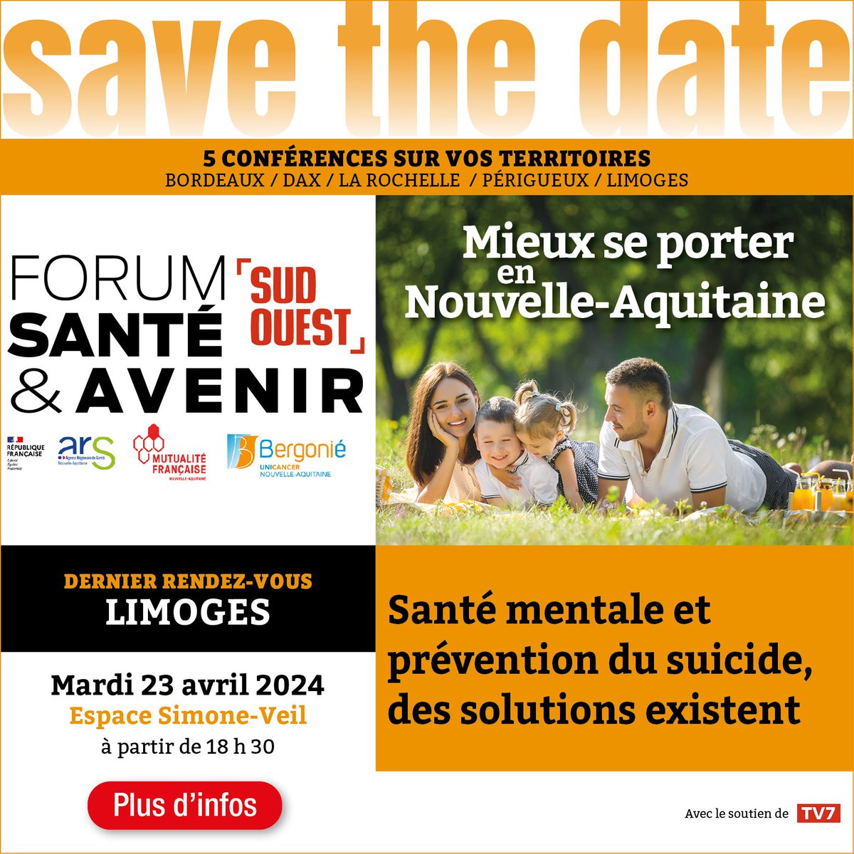 #SaveTheDate | @ARS_Naquit participe au forum Santé&Avenir de @sudouest destiné au grand public. 📍RDV le 23/04 à Limoges pour échanger autour de la « santé mentale et prévention suicide, des solutions existent » Inscription 👉 evenements.sudouest.fr/2023-forums-fs… @MutNaquitaine @BERGONIE33