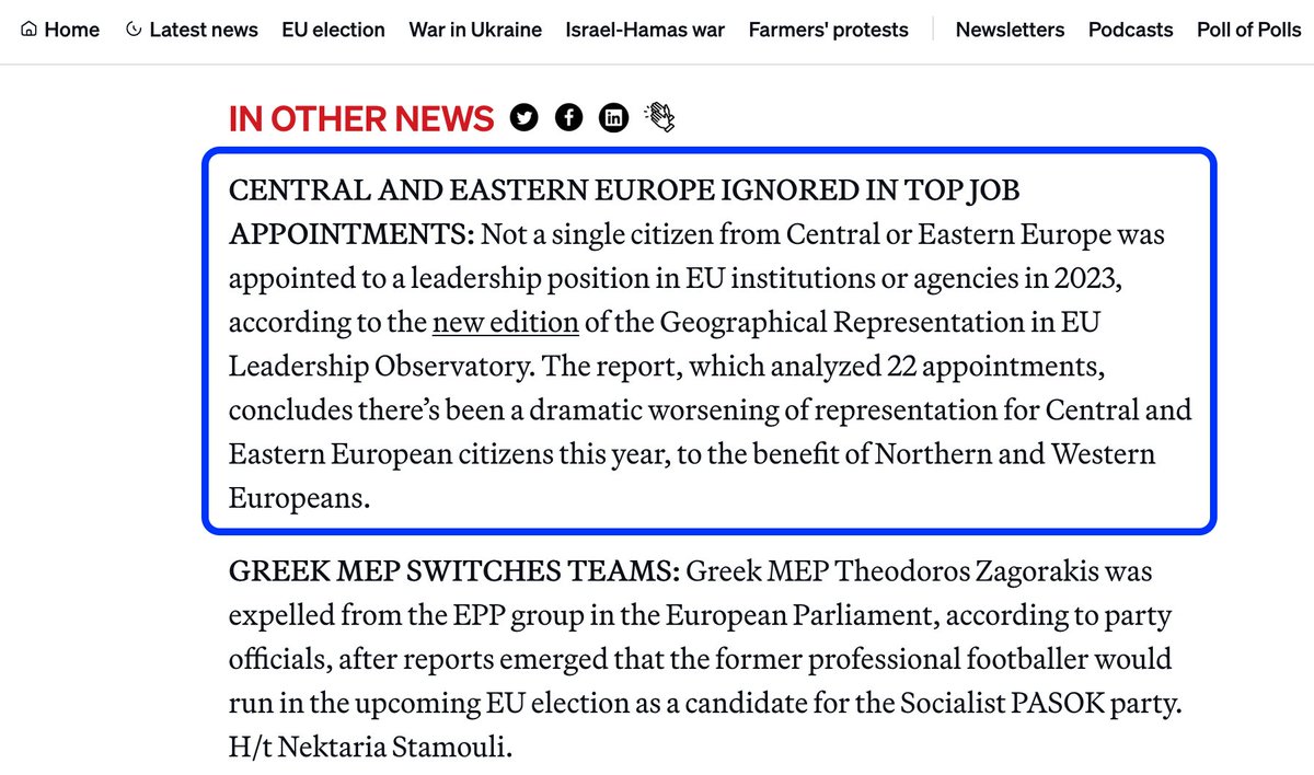 Always proud to see our research featured in @POLITICOEurope. Check our the 4th annual edition of our Geographical Representation in EU Leadership Observatory! There's plenty more where this comes from.
#GRELO2024 @HankeVela 
👉 eudemocracy.eu/grelo2024