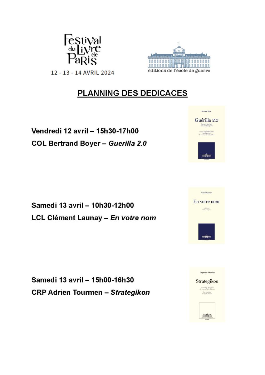 Séance de dédicaces au @festival_livre pour les auteurs des Éditions de l'@ecoledeguerre. Venez échanger avec le COL Bertrand Boyer, le LCL Clément Launay et le CRP Adrien Tourmen. Ne manquez pas ces rencontres enrichissantes ! 📚💬