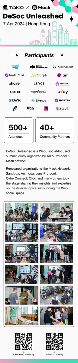 Co-hosted by @TakoProtocol & @realMaskNetwork, our DeSoc Unleashed - Hong Kong Edition was a hit!🚀 With 500+ attendees & 40+ partners, it was a memorable web3 social summit with insightful panels and vibrant discussions!🌟 Missed it? Catch up with our recap here👇🏻