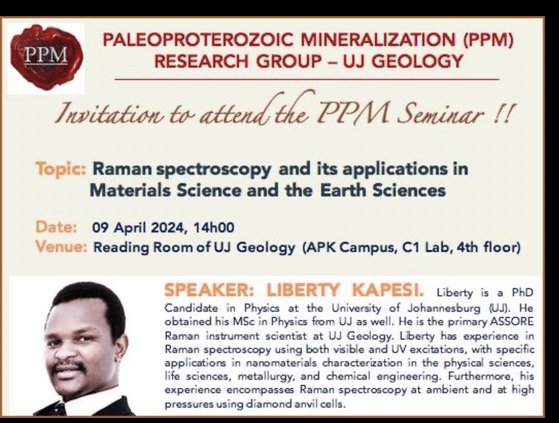 You are invited to attend a PPM Seminar on Tuesday 09 April 2024.
The talk would start at 14:00 and is scheduled to take place in the Reading Room of UJ Geology (APK Campus, C1Lab Building, 4th floor).