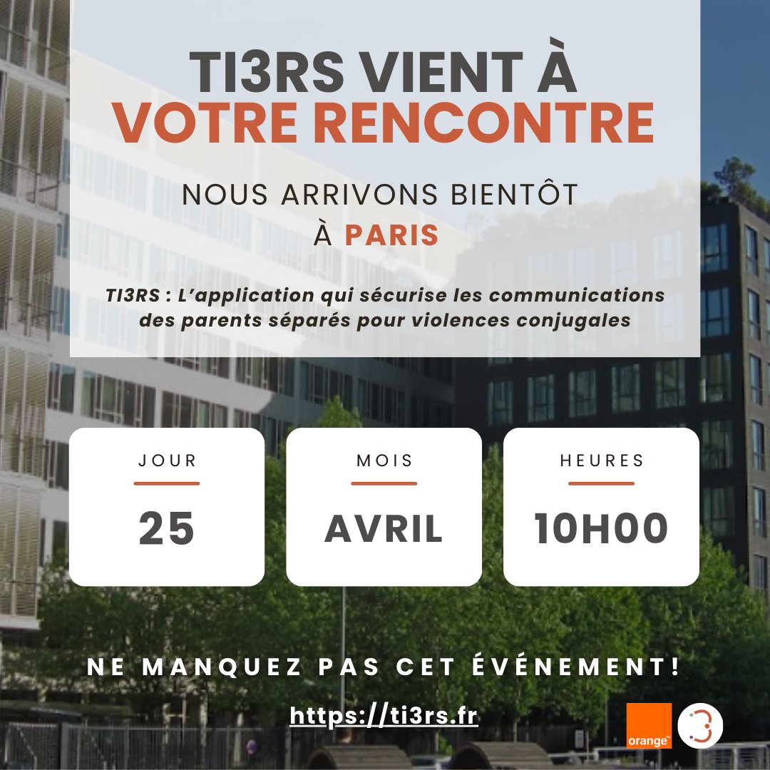 Le TI3RS Tours se poursuit en région parisienne, lundi 25 avril de 10h00 à 12h30. 

Pour vous inscrire à l'événement, cliquez sur ce lien : my.weezevent.com/ti3rs-tour-nat…

ou rendez-vous sur notre site sur notre page 'EVENEMENT : TI3RS TOUR' : ti3rs.fr/evenement-ti3r…'