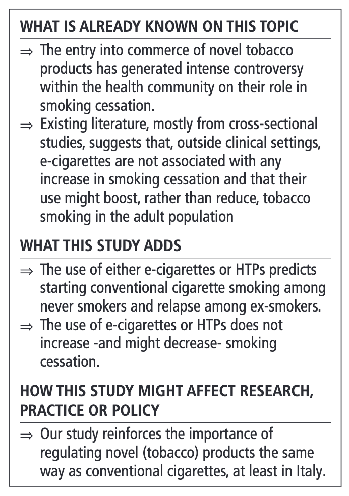 In Italy, research finds that the use of either e-cigarettes or HTPs predicts starting conventional cigarette smoking among people who never smoked &amp; relapse among people who used to smoke. bit.ly/3IwvZ6A <a href="/SilvanoGallus/">Silvano</a> <a href="/martinmckee/">M</a> <a href="/GiuseppeGorini/">Giuseppe Gorini</a> <a href="/alessandra_lugo/">Alessandra Lugo</a>