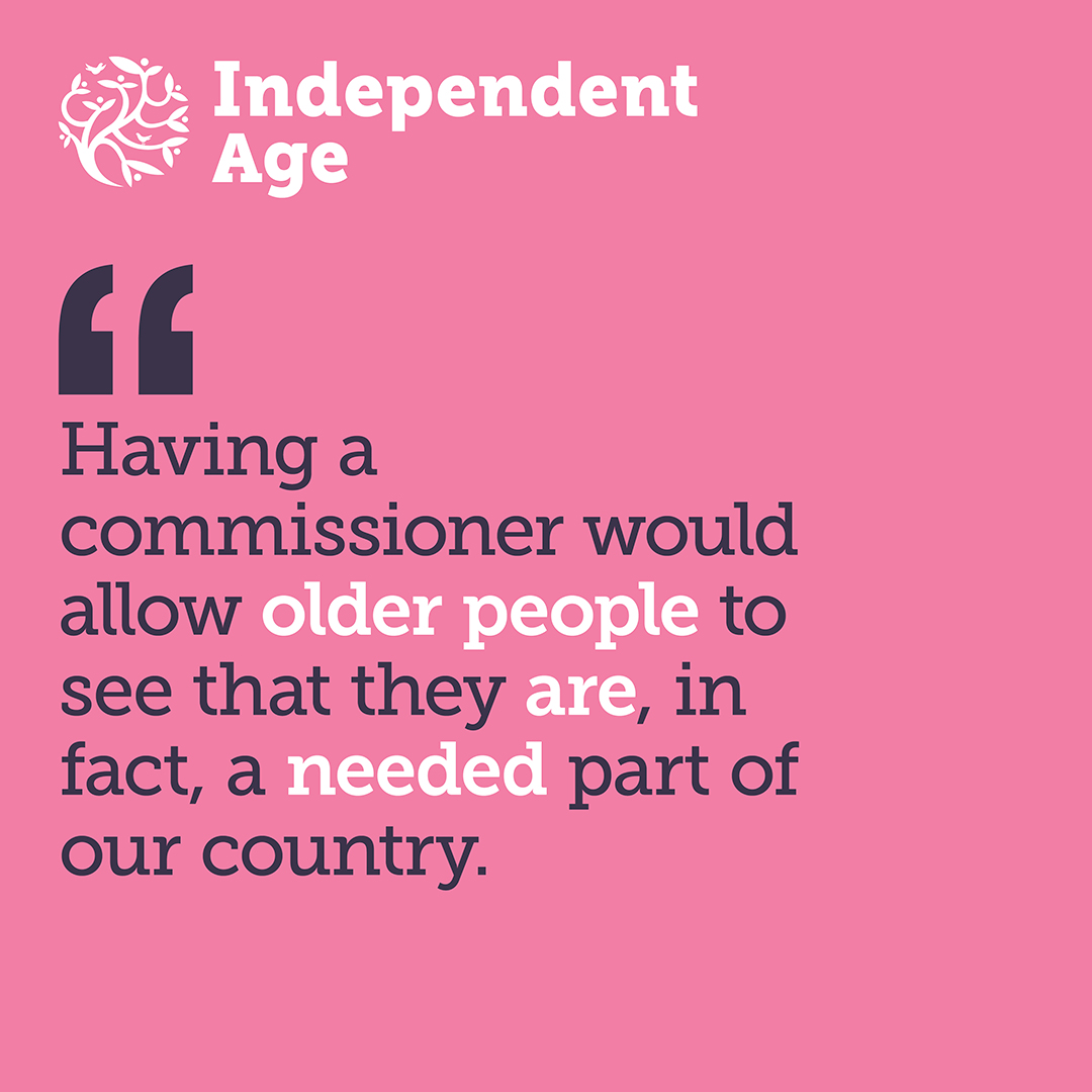 9 in 10 older people support the creation of a Commissioner for Older People and Ageing - do you? Want your problems heard, experiences valued and your voice championed? Join our calls for a #VoiceForLaterLife in England and Scotland: independentage.org/campaigning/co…