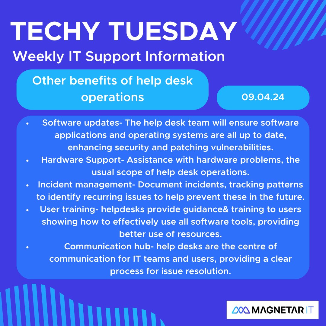 More benefits of help desk operations! 🌍 At Magnetar IT we offer a 100% satisfaction guarantee. This means that if you're not happy with that month's service, we will refund your monthly fee. ⚡ #magnetarit #itconsultancy #techytuesday #itsupport