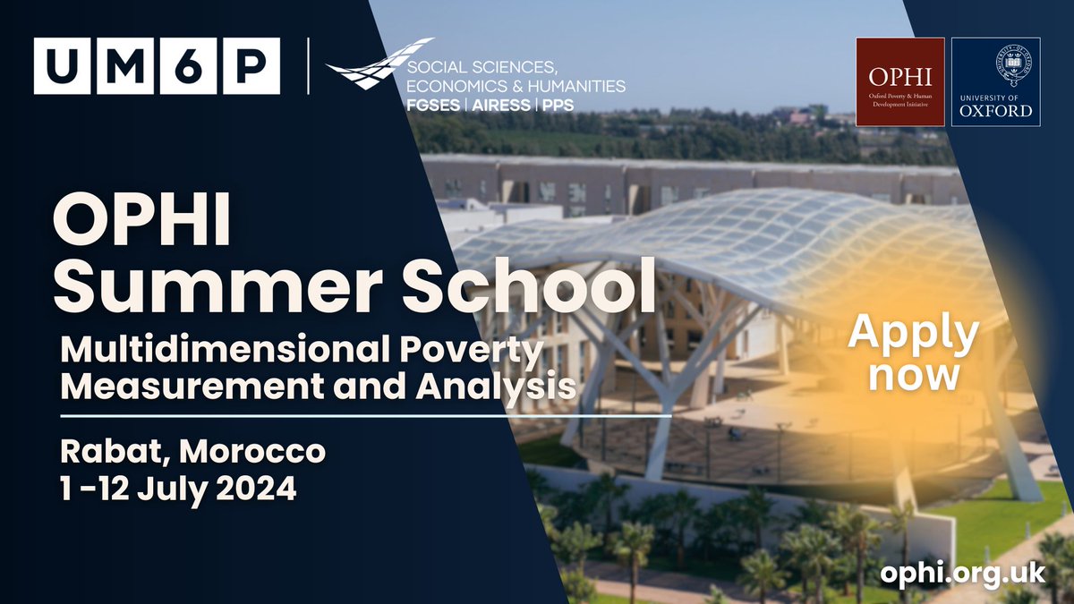 Last week to apply! Be a part of multidimensional poverty reduction for #SDG 1.2.2 and apply to the OPHI Summer School 2024 hosted by @FGSES_UM6P 📅1-12 July 2024 📍Rabat, Morocco 🔗 ophi.org.uk/event/ophi-sum… ophi.org.uk/courses-and-ev…