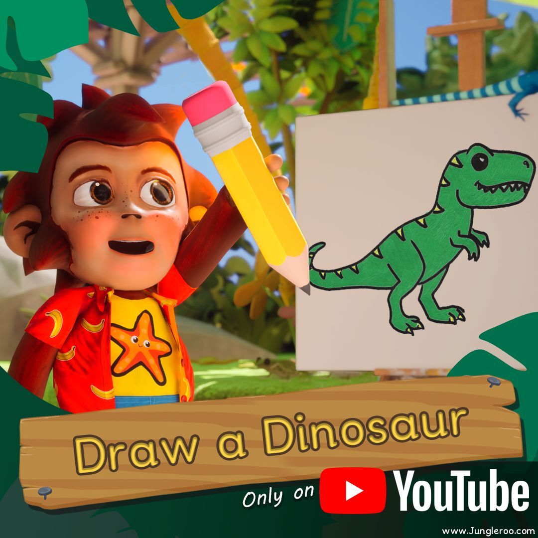 Draw a dinosaur! #newepisode #dinosaur #jungleroo #trex #draw #learning #youtube #early #earlylearning #drawing #art #pencil #school #home #homeschooling #teach #monkey #paint #pixar #disney #kids #jurassicpark