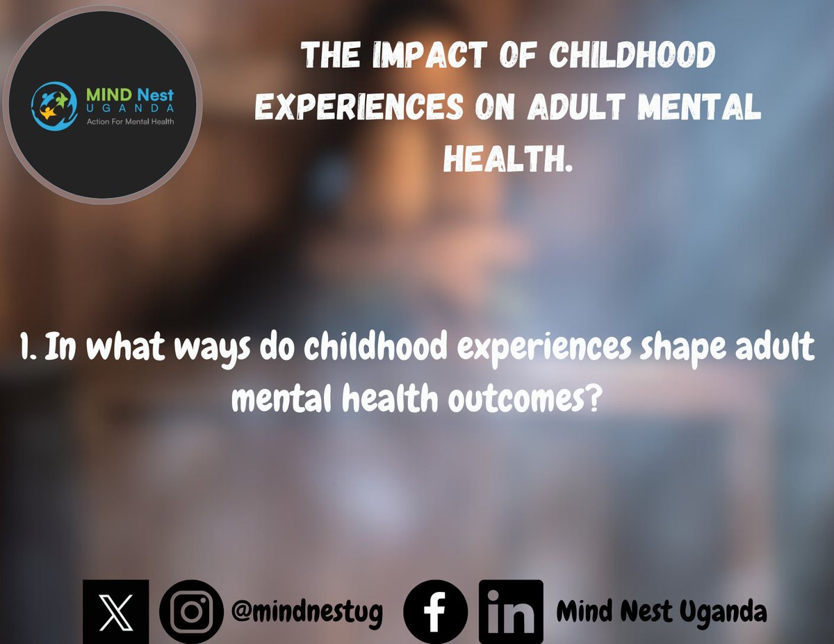 1. In what ways do childhood experiences shape adult mental health outcomes?

@enid_enidcarol3 @SandraNakigozi
@TakeActInitia

#themindnest #childhoodtrauma #mentalhealth #adversehoodexperiences  #emotionalwellbeing