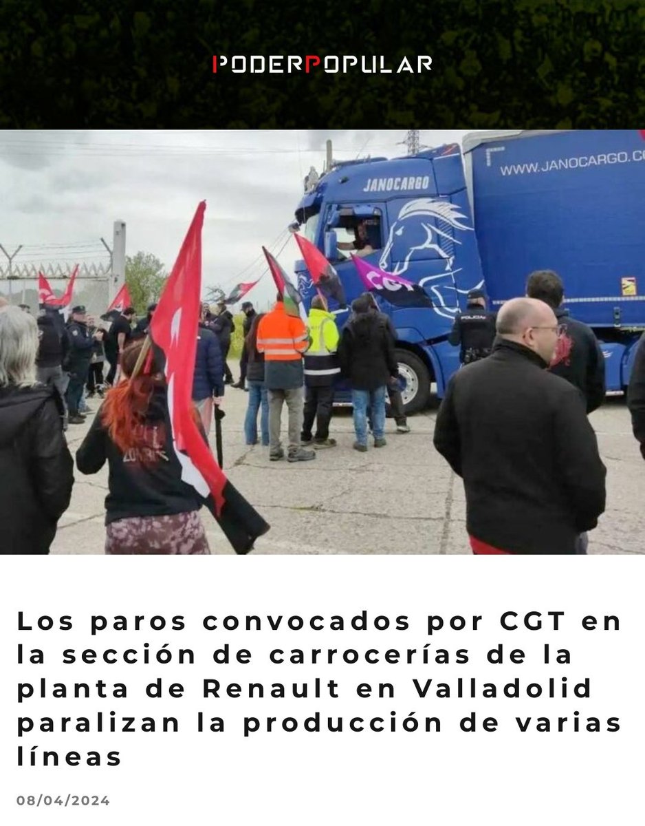 Sindical | 🔗 💥 Los paros convocados por @CGT en la sección de carrocerías de la planta de Renault en Valladolid paralizan la producción de varias líneas. 📝 Os lo contamos: poderpopular.info/2024/04/08/los…
