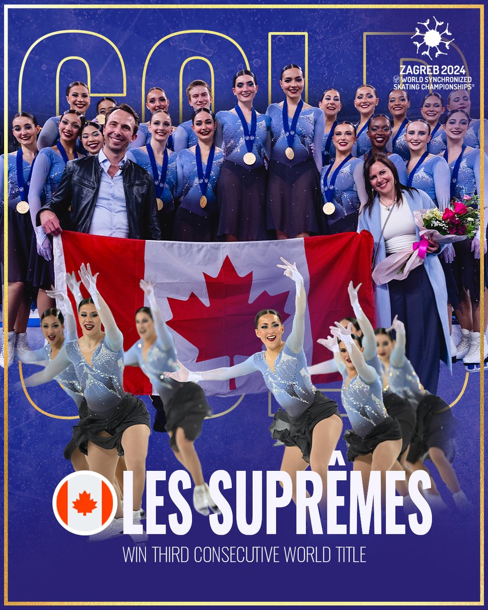 🥇 Reigning champions! 🏆 Les Suprêmes 🇨🇦 skate off with their third consecutive gold medal at the ISU World Synchronized Skating Championships in Zagreb 🇭🇷. 👀 Re-live the glory 🔗 bit.ly/49otWws #SynchroSkating