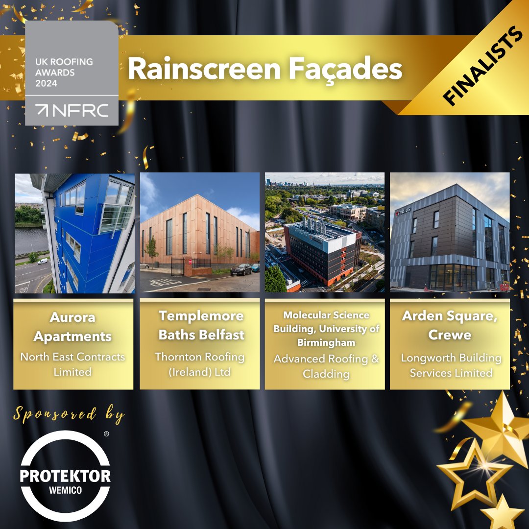 🎉 Here are the finalists in the Rainscreen Façade category, sponsored by @Wemico_ltd 🌟 North East Contracts Limited 🌟 Thornton Roofing (Ireland) Ltd 🌟 @AdvRoofClad 🌟 @longworthuk Good luck! #RA2024 #RoofingAwards2024