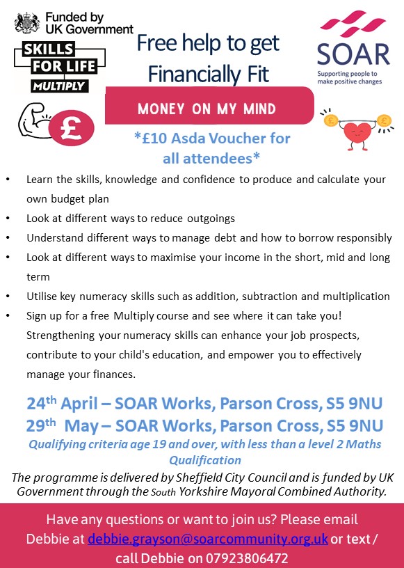 We have two FREE sessions coming up where we'll talk through budgeting, reducing outgoings, maximising income, and using numeracy skills to help you work it all out! Get in touch with Debbie for more info 👇 @multiplysheff 💻 debbie.grayson@soarcommunity.org.uk ☎️ 07923 806 472