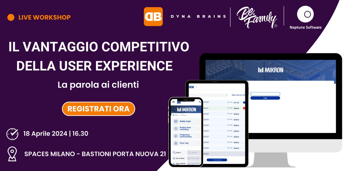 The free Competitive Advantage of User Experience workshop will be held live in Milan [and virtually] on 18 April. This free Italian workshop is hosted by Dyna Brains and Neptune, in collaboration with Be.Family. Don't miss it! okt.to/ebEhO6