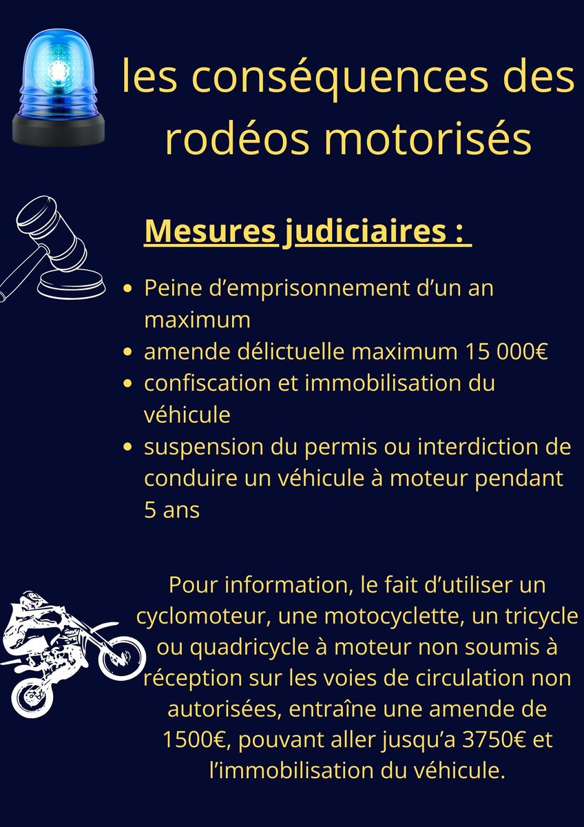 🏍️|#Rodéo Avec l’arrivée des beaux jours, certaines personnes sont tentées de provoquer des rodéos. Voici ce que vous risquez :