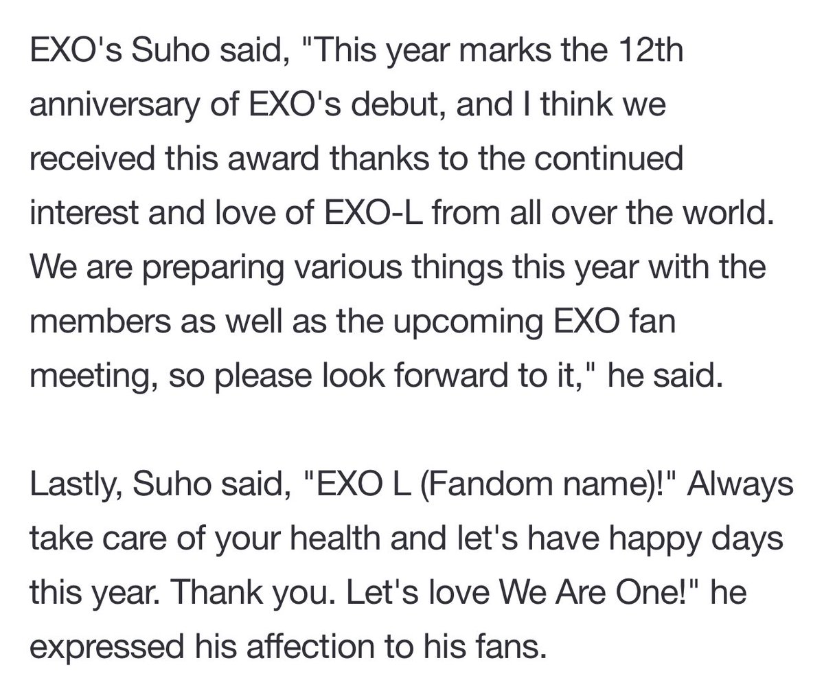 exochartstats's tweet image. EXO received the first place trophy for BEST GLOBAL ARTIST in the US at the 11th TTA Top Ten Awards.

'This year marks the 12th anniversary of EXO's debut. We received this award thanks to the continued interest &amp;amp; love from EXO-Ls around the world.' — SUHO 

#12YearsWithEXO #EXO