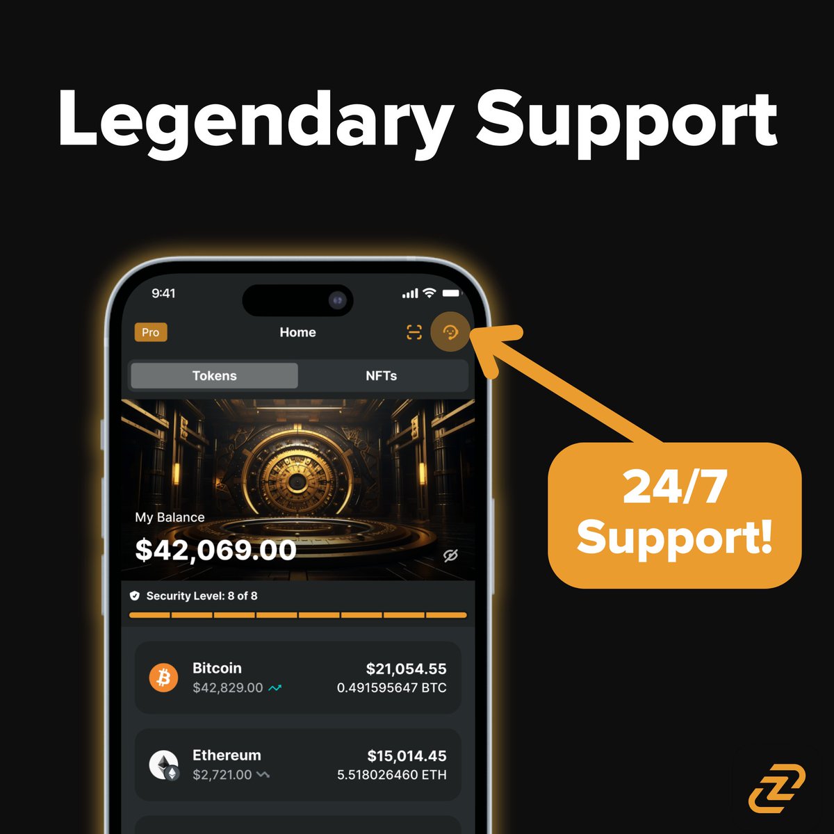 Security starts with support 🖤🧡 - Live chat with our experts - 24/7 in YOUR language - A simple tap away Questions? Answers.