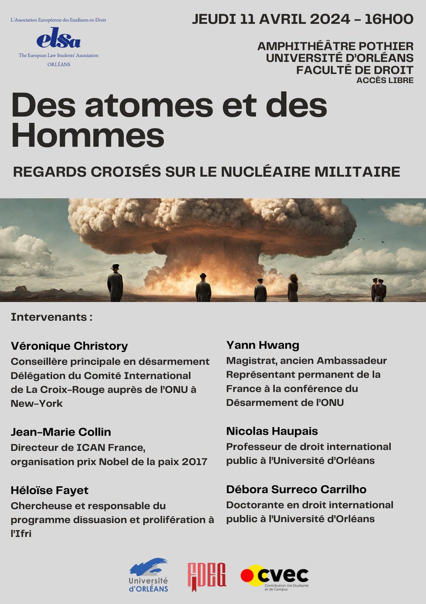 On se donne rendez-vous jeudi 16h, à l’@Univ_Orleans, pour une conférence sur le nucléaire militaire ☢️ avec: @VChristory, @HFayet, @jmc_nonukes, Monsieur Yann Hwang et Monsieur Nicolas Haupais.