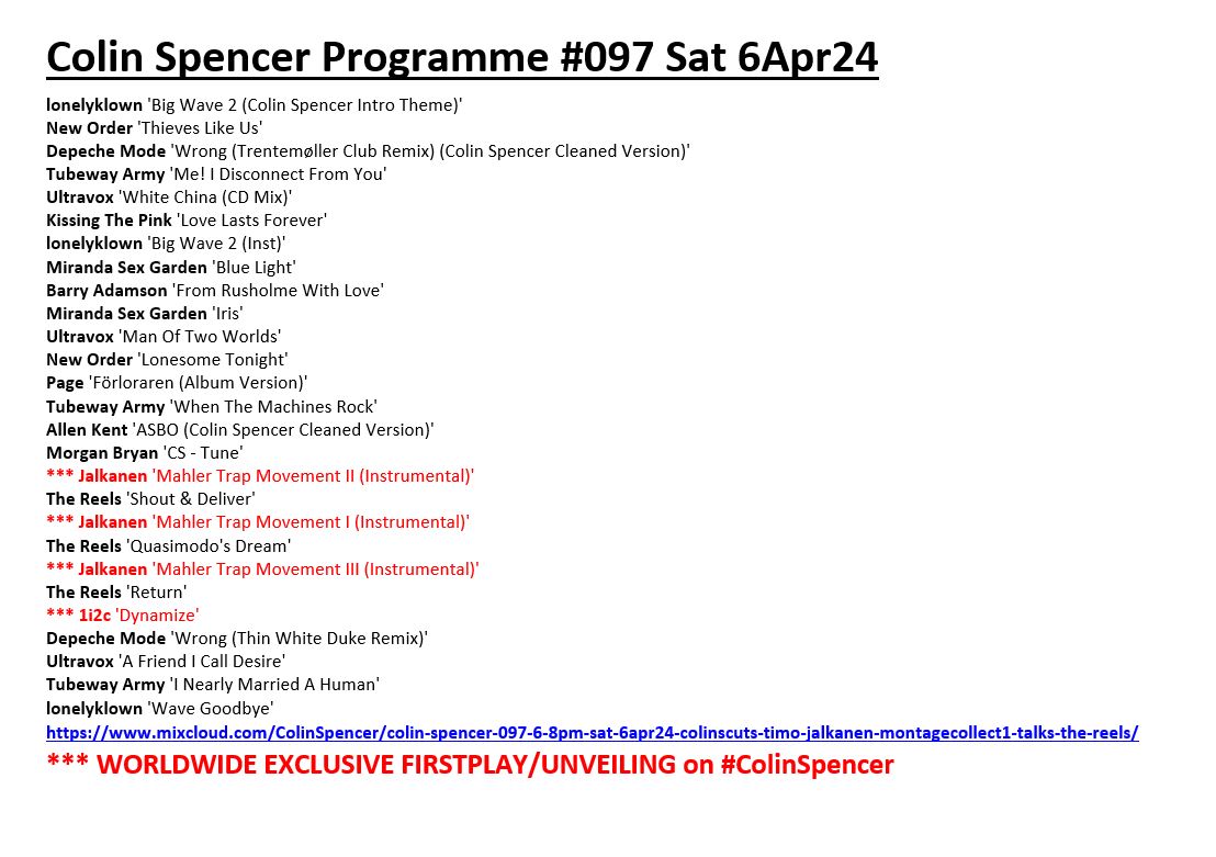 #Tracklisting #ColinSpencer Programme #097 ▶️mixcloud.com/ColinSpencer/c… featured, at least, 4 worldwide #exclusive firstplays/unveilings amongst the self-released artists and output of labels including @CherryRedGroup @ChrysalisRecs @KtelRecords @mercuryrecords @MuteUK @RCARecords