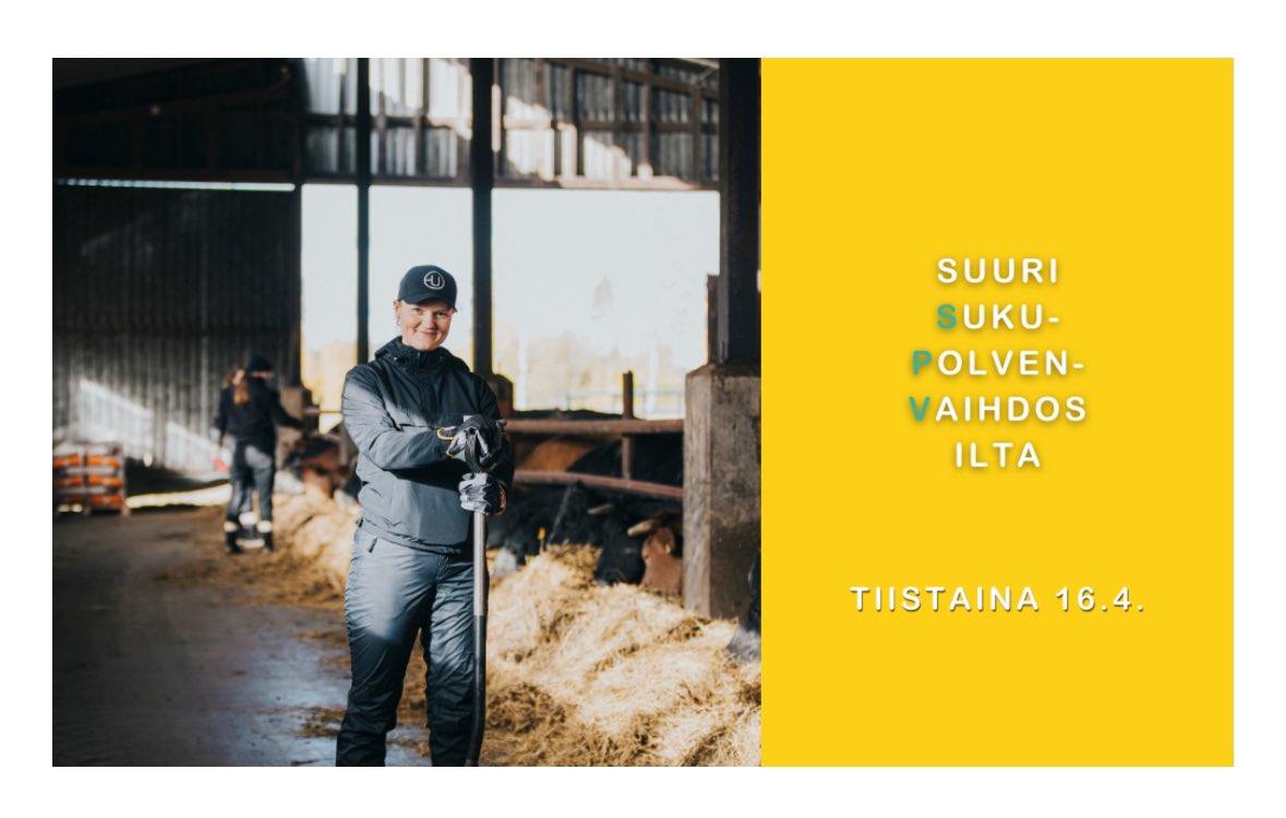 <a href="/MTKry/">MTK</a> järjestämässä suuressa SPV-illassa 16.4.2024 klo 19.15-20.00 tarjotaan tietoa ja näkökulmia onnistuneen omistajanvaihdoksen toteuttamiseen maatilayrityksessä. 

Lue lisää ja ilmoittaudu —> mtk.fi/-/suuri-spv-il…