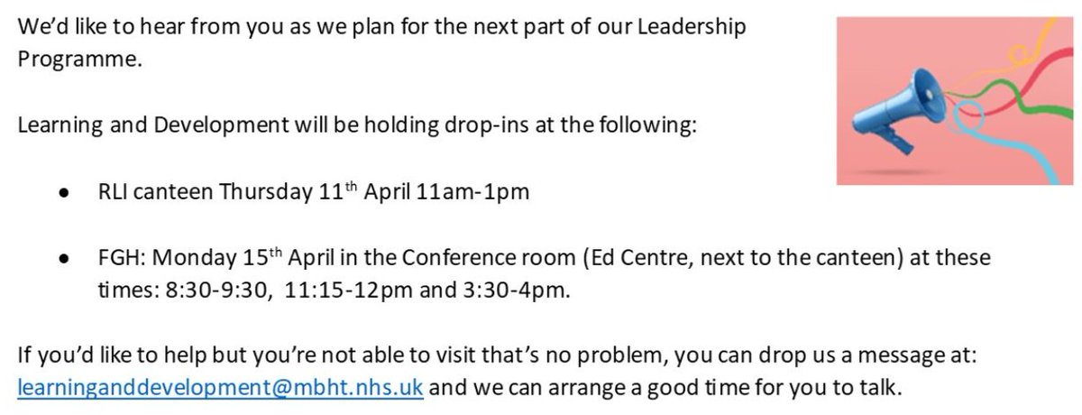 We'd like to hear from you as we develop the next part of our Leadership Programme. Please email the team if you'd like to chat at another time. #workingtogether