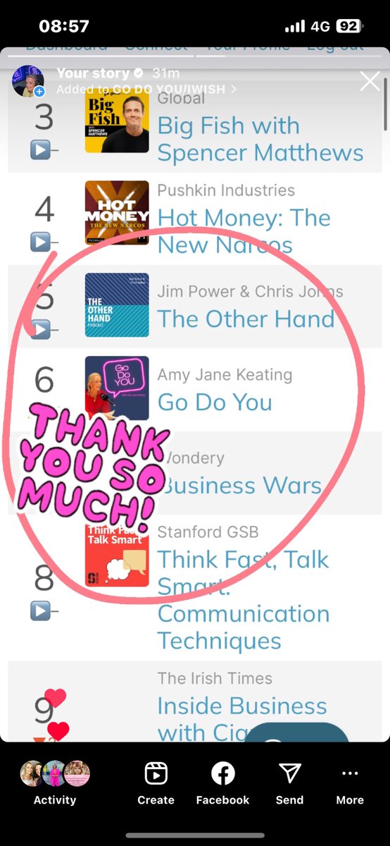 “GO DO YOU” the podcast, is currently Number 6 in the Business Podcast Charts in Ireland 🥳 Thank you 🙌 Catch up on any episodes here: lnkd.in/edHyFAan #godoyou #godoyouthepodcast #iwish #number6inireland #irishpodcastcharts #businesspodcastcharts #amyjanesdomain