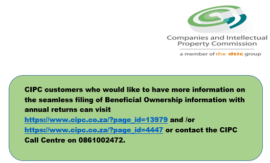 Dear Customer
For a seamless filing of Beneficial Ownership, please see presentations and webinars on BO bit.ly/4cK38cR and/or Beneficial Ownership step-by-step guides bit.ly/4aafFEp or contact the CIPC Call Centre on 086 100 2472.
#CIPC #FileBO #Th!nkCIPC
