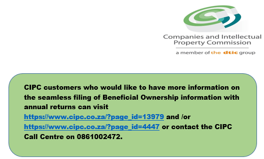 BizPortalGovZa's tweet photo. Dear Customer
For a seamless filing of Beneficial Ownership, please see presentations and webinars on BO https://t.co/cUp2GzyPL3 and/or Beneficial Ownership step-by-step guides https://t.co/aiybxSWHGf or contact the CIPC Call Centre on 086 100 2472.
#CIPC #FileBO #Th!nkCIPC https://t.co/2Y18ygTJuJ