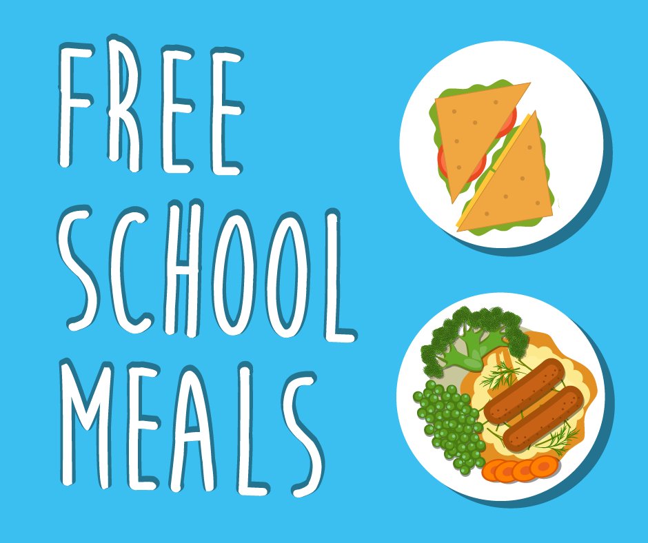 Text reads “Free school meals” and includes 2 plates of example meals.